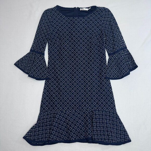 Eliza J Lace Dress with White Embroidered Overlay Bell Sleeves Midi Navy Size 6 - Picture 1 of 7